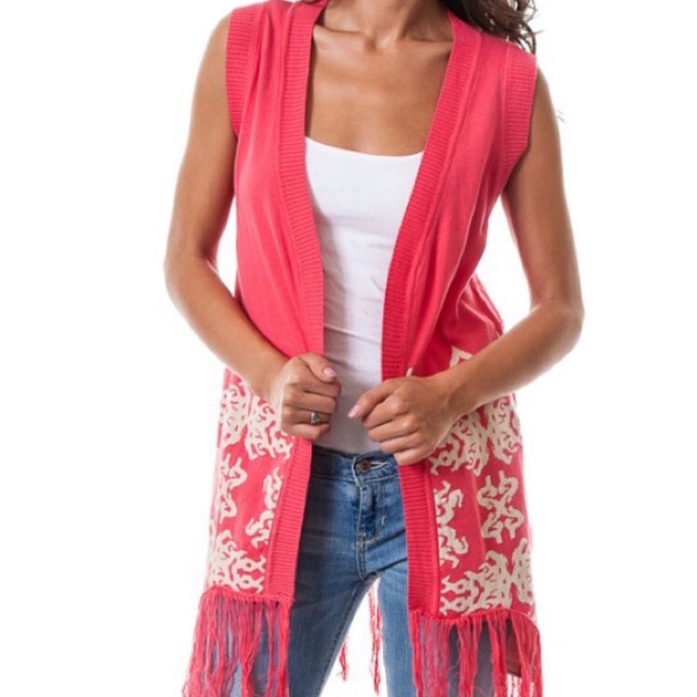 🌸 Coral Paisley Knit Fringe Cardigan